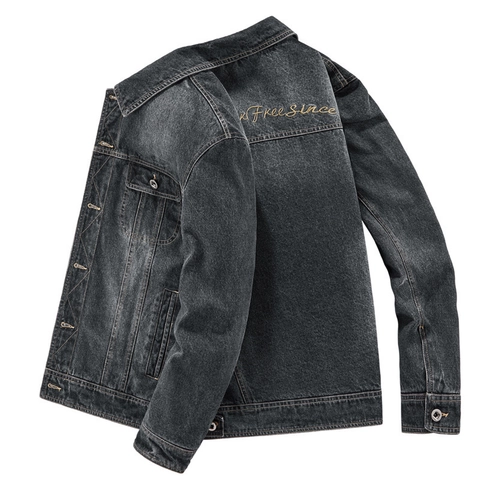 Giacca di Jeans Casual da Uomo Lavata Grigio Antracite Blu Chiaro Revers Multi Tasche Abbigliamento da Lavoro Con Ricamo