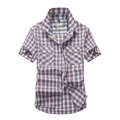 Chemise Décontractée à Carreaux pour Hommes Manches Courtes Pur Coton Respirant Col Rabattu Été Mode Urbaine