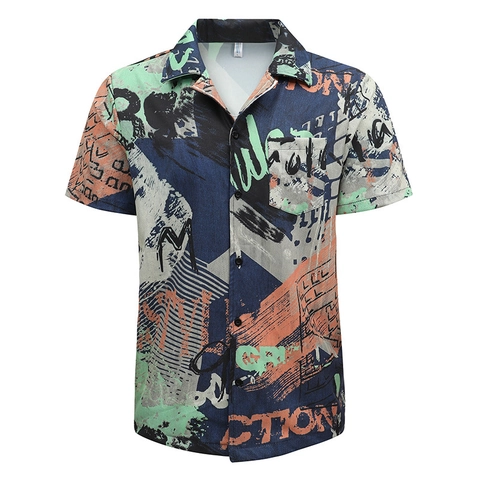 Chemise à Manches Courtes pour Hommes avec Imprimé Graffiti Été Décontracté Coupe Ample Col Cubain Simple Boutonnage