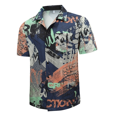 Chemise à Manches Courtes pour Hommes avec Imprimé Graffiti Été Décontracté Coupe Ample Col Cubain Simple Boutonnage