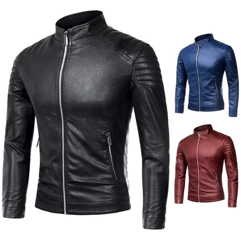Chaqueta Biker Ajustada para Hombre en Cuero Sintético con Cuello Alto y Hombro Acolchado Abrigo de Moto Cortavientos para Hombre
