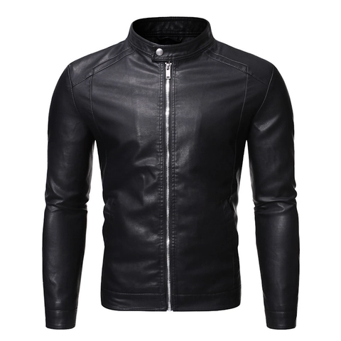 Herren PU Lederjacke Stehkragen Slim Fit Motorrad Biker Oberbekleidung Einfarbig Schwarz Winddicht Casual Mantel Für Männer