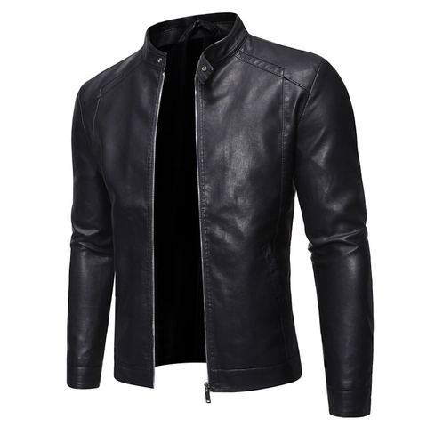 Herren PU Lederjacke Stehkragen Slim Fit Motorrad Biker Oberbekleidung Einfarbig Schwarz Winddicht Casual Mantel Für Männer
