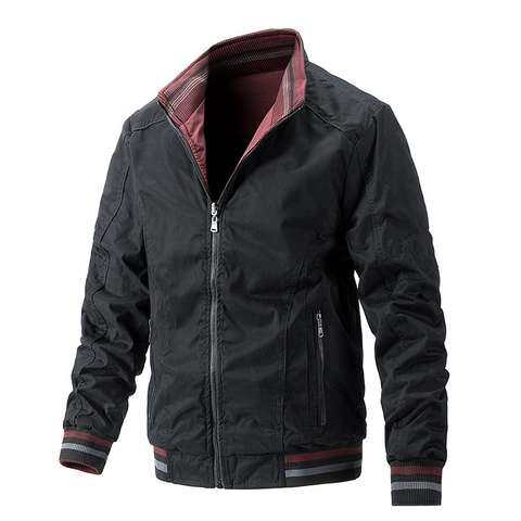 Veste Bomber pour Hommes en Coton Lavé Col Montant Décontracté Léger Vêtement d'Extérieur Bord-côte Rayé Manteau