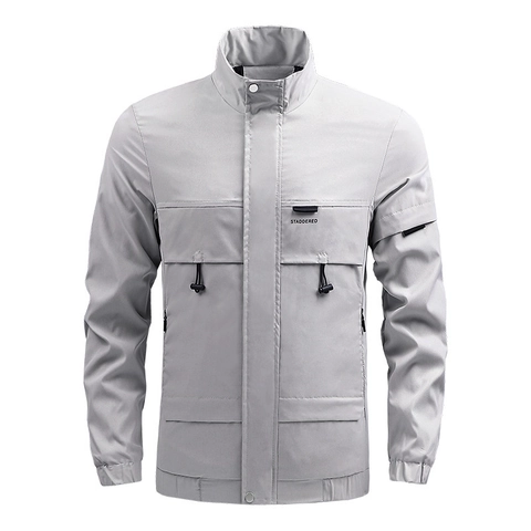 Men Casual Windbreaker Jacket Stand Collar Multi Pocket Utility Outerwear Lightweight Polyester Spring Autumn Fashion Coat