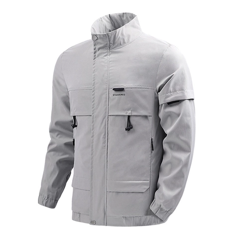 Men Casual Windbreaker Jacket Stand Collar Multi Pocket Utility Outerwear Lightweight Polyester Spring Autumn Fashion Coat