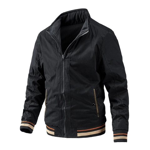Men Stand Collar Bomber Jacket 100 Percent Cotton Outwear Striped Ribbed Cuffs Full Zip Casual Utility Coats For Men