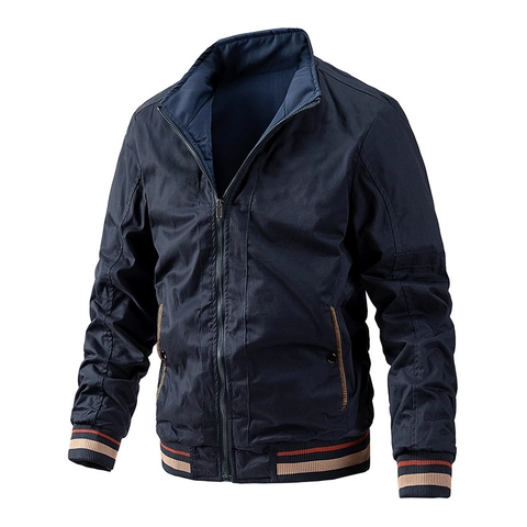 Men Stand Collar Bomber Jacket 100 Percent Cotton Outwear Striped Ribbed Cuffs Full Zip Casual Utility Coats For Men