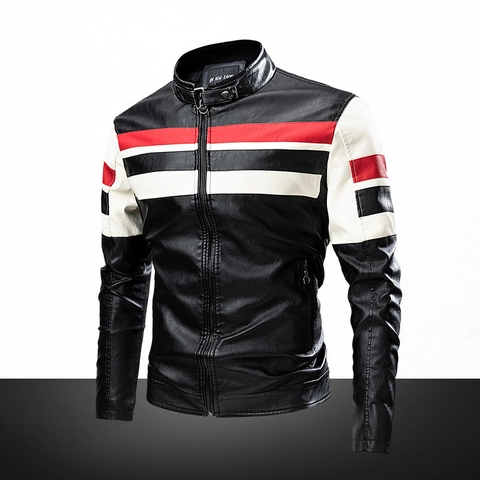 Ανδρικό Μόδα Color Block PU Δερμάτινο Biker Μπουφάν Όρθιος Γιακάς Slim Fit Ριγέ Παλτό Μοτοσικλέτας με Εσωτερική Επένδυση Fleece Ζεστά Πανωφόρια