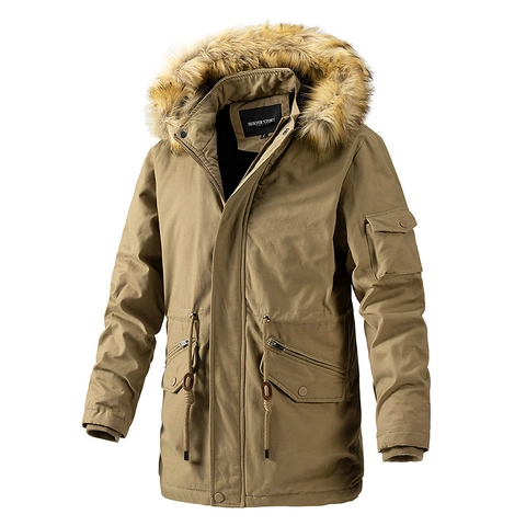 Giacca Parka Invernale da Uomo Con Cappuccio in Pelliccia Sintetica Foderata in Pile Cappotto Lungo Antivento Outdoor Caldo