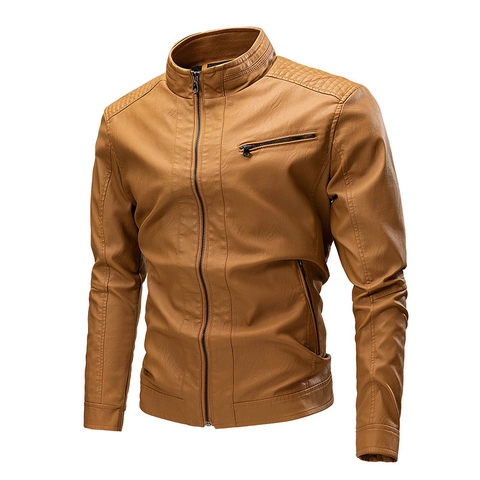 Men Stand Collar PU Leather Jacket Vintage Motorcycle Coat Windproof Casual Outerwear For Autumn Winter Warm Fleece Lined Top