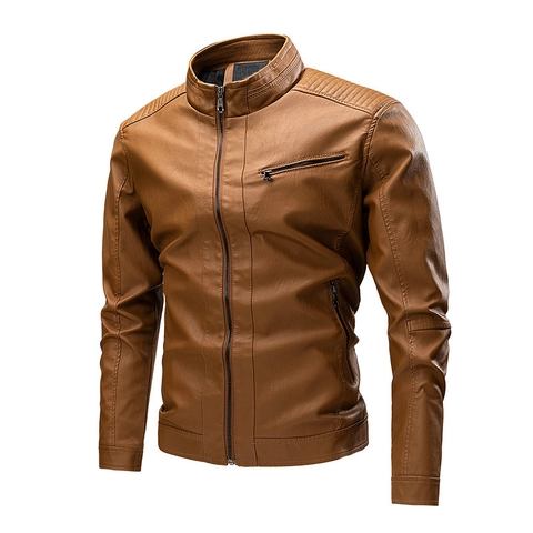 Men Stand Collar PU Leather Jacket Vintage Motorcycle Coat Windproof Casual Outerwear For Autumn Winter Warm Fleece Lined Top
