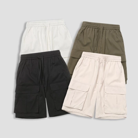 Short Cargo pour Hommes en Mélange de Coton Taille Élastique avec Cordon de Serrage Multi-Poches Style Japonais Rétro Fonctionnel Short Décontracté
