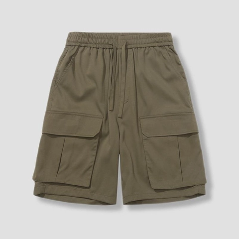 Short Cargo pour Hommes en Mélange de Coton Taille Élastique avec Cordon de Serrage Multi-Poches Style Japonais Rétro Fonctionnel Short Décontracté