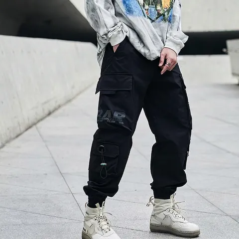 Men's Streetwear Techwear Cargo Jogger Pants Multi Pocket Tactical Trousers With Reflective Letter Print Spring Men Clothing