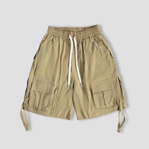 Men Functional Cargo Shorts Japanese Style Multi Pocket Casual Cotton Blend Elastic Waist Drawstring Streetwear Techwear Shorts