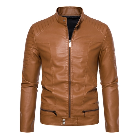Men's PU Leather Motorcycle Jacket Stand Collar Quilted Shoulder Slim Fit Biker Coat Casual Windproof Zip Up Outerwear For Men Retro Streetwear