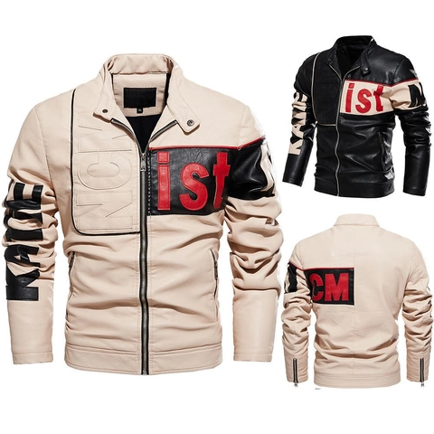 Veste de Moto en Cuir PU pour Homme Col Montant Biker Streetwear Patchwork Automne Hiver Vêtements d'Extérieur à Fermeture Éclair