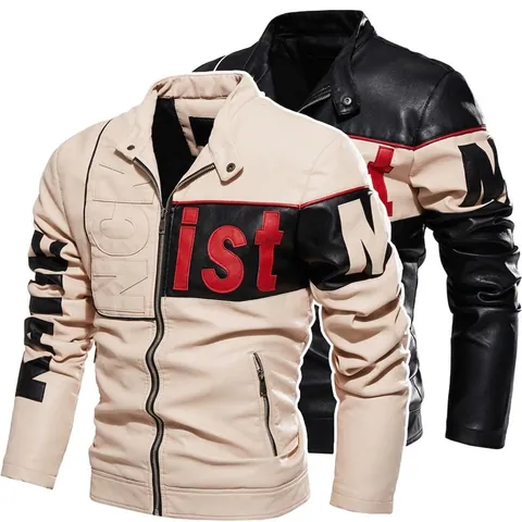 Veste de Moto en Cuir PU pour Homme Col Montant Biker Streetwear Patchwork Automne Hiver Vêtements d'Extérieur à Fermeture Éclair
