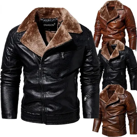 Men Motorcycle PU Leather Jacket Fleece Lined Winter Warm Faux Fur Collar Biker Coat With Quilted Shoulders For Men