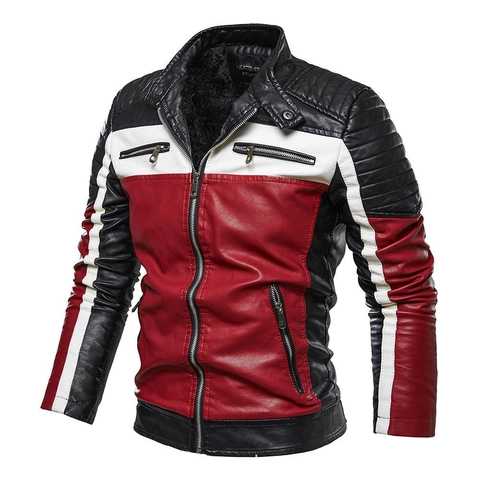 Veste de Moto en Cuir PU pour Homme Doublée Polaire Color Block Col Montant Manteau de Motard Hiver Chaud Mode Britannique