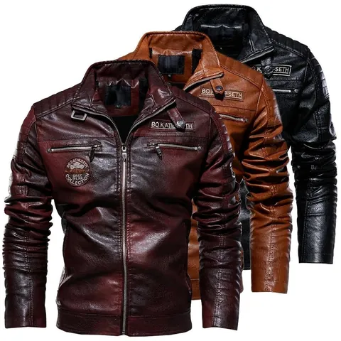 Men Motorcycle PU Leather Jacket Fleece Lined Stand Collar Punk Style Outerwear Windproof Coat For Winter Fall Fashion Men