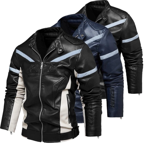 Veste de Moto en Cuir PU pour Hommes Avec Doublure en Coton Bande Réfléchissante Col Montant Coupe Cintrée Manteau en Similicuir