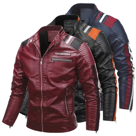Heren Motorfiets PU Leren Jas Opstaande Kraag Color Block Biker Jas Fleece Gevoerd Winddicht Casual Bovenkleding Voor Mannen