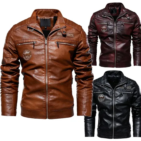 Men Motorcycle PU Leather Jacket Fleece Lined Stand Collar Punk Style Outerwear Windproof Coat For Winter Fall Fashion Men