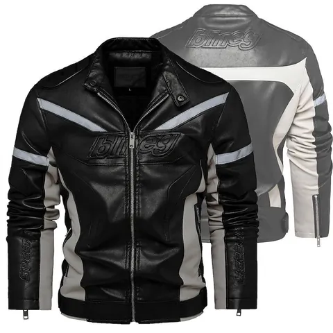 Veste de Moto en Cuir PU pour Hommes Avec Doublure en Coton Bande Réfléchissante Col Montant Coupe Cintrée Manteau en Similicuir