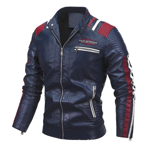 Heren Motorfiets PU Leren Jas Opstaande Kraag Color Block Biker Jas Fleece Gevoerd Winddicht Casual Bovenkleding Voor Mannen
