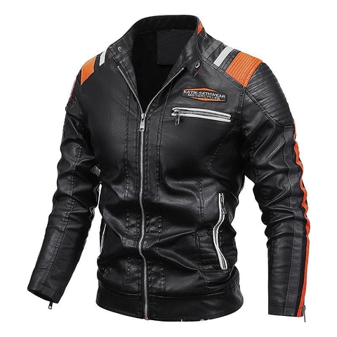 Men's Faux PU Leather Moto Jacket Stand Collar Slim Fit Fleece Lined Bomber Coat With Contrast Stripes Casual Winter Outwear