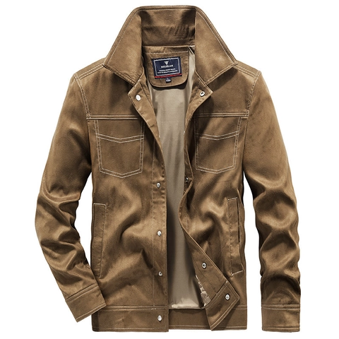 Vintage Men Faux Suede Jacket Retro Cargo Workwear Coat Contrast Stitching Multi Pocket Solid Color Casual Outerwear
