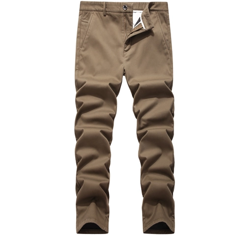 Herren Winter Warm Fleecegefüttert Freizeithose Reine Baumwolle Gerader Schnitt Business Arbeit Chinos Einfarbig Hohe Taille