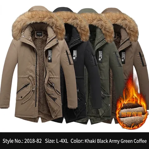 Men's Winter Mid-Length Parka Jacket Thickened Fleece Lined Coat With Faux Fur Hood Multi-Pocket Warm Outwear For Adult Men