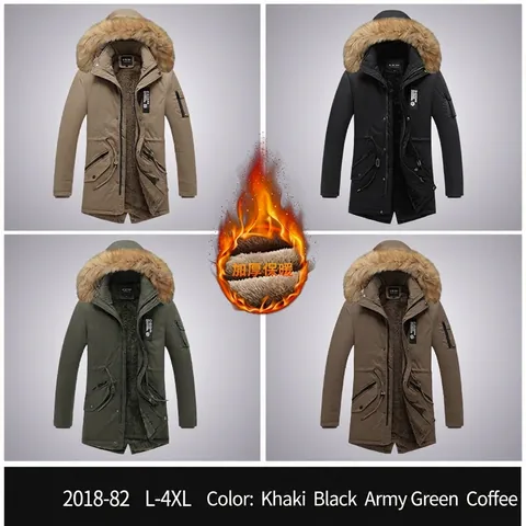 Men's Winter Mid-Length Parka Jacket Thickened Fleece Lined Coat With Faux Fur Hood Multi-Pocket Warm Outwear For Adult Men
