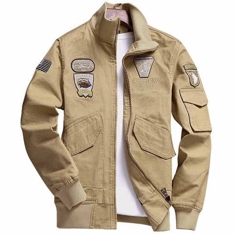 Herren Militär Taktische Bomberjacke Baumwolle Segeltuch Stehkragen Mehrere Taschen Stickerei Adler Aufnäher Fliegerjacke Für Männer