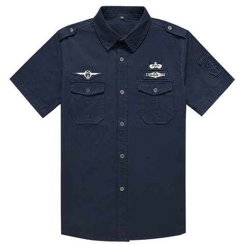 Camicia Cargo a Maniche Corte da Uomo in Stile Militare in Cotone Con Ricamo Multidistintivo Spalline Doppie Tasche Estate