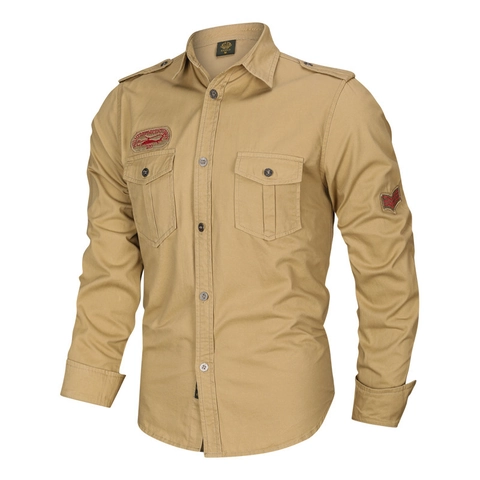 Herren Langarm Cargo Hemd Baumwolle Militär Taktischer Stil Schulterklappen Zwei Taschen Patch Casual Arbeitshemd Tops Für Herren