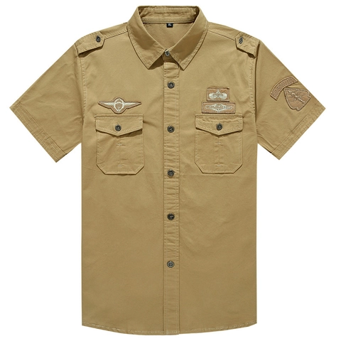 Camicia Cargo a Maniche Corte da Uomo in Stile Militare in Cotone Con Ricamo Multidistintivo Spalline Doppie Tasche Estate