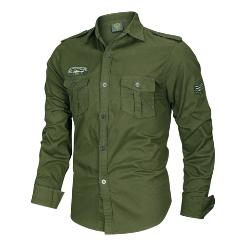 Herren Langarm Cargo Hemd Baumwolle Militär Taktischer Stil Schulterklappen Zwei Taschen Patch Casual Arbeitshemd Tops Für Herren
