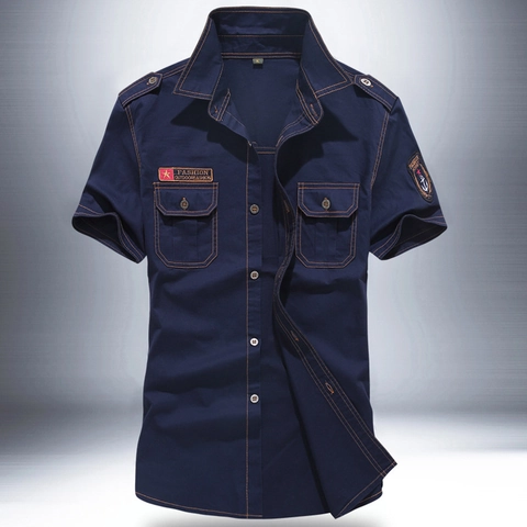 Chemise à Manches Courtes en Coton de Style Militaire pour Hommes Slim Fit Brodée Cargo Workwear avec Badges Haut Décontracté