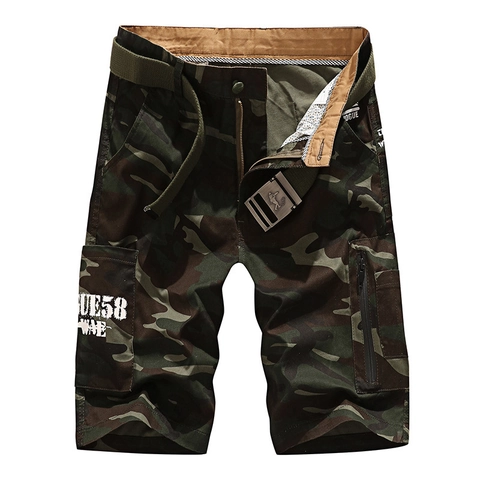 Heren Zomer Katoenen Cargo Shorts Loose Fit Multi-Pocket Camouflage Half Lange Shorts Met Riem Voor Strand Outdoor Casual Wear