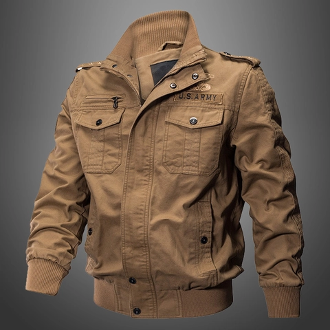 Veste Bomber Militaire pour Hommes Coton Décontracté Col Montant Multi-Poches Manteau Tactique Brodé Cargo Outwear