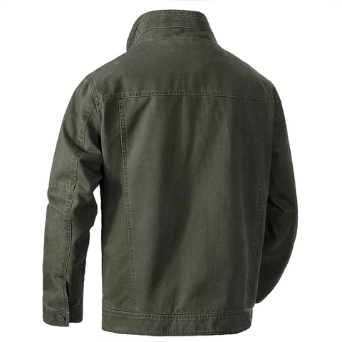 Veste Workwear Décontractée pour Hommes Col Montant Multi Poches Coton Lavé Coupe Large Style Militaire Manteau Printemps Automne