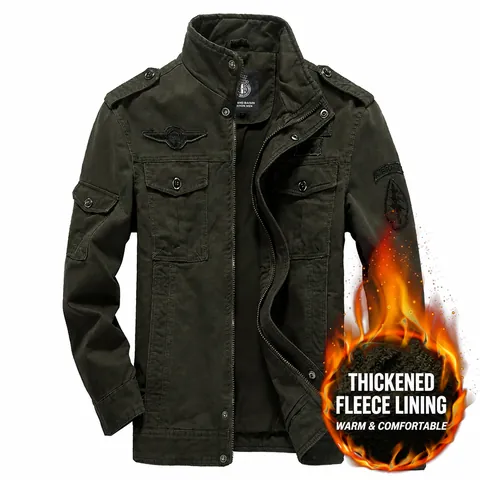 Men's Military Cargo Jacket 100% Cotton Outer Fleece Lined Winter Coat Stand Collar Slim Fit Tactical Jacket With Airborne Embroidery