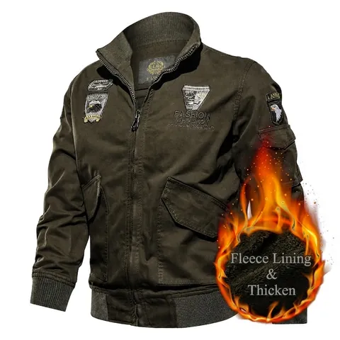Men Military Tactical Flight Bomber Jacket Fleece Lined Thickened Cotton Stand Collar Multi Badge Casual Outerwear Coat