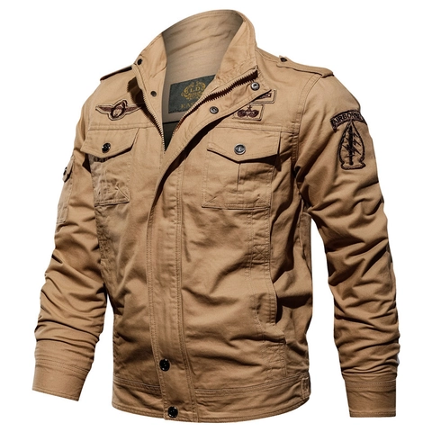 Men Military Tactical Cotton Jacket Stand Collar Multi Pocket Outwear Airborne Embroidery Badge Casual Cargo Work Jacket