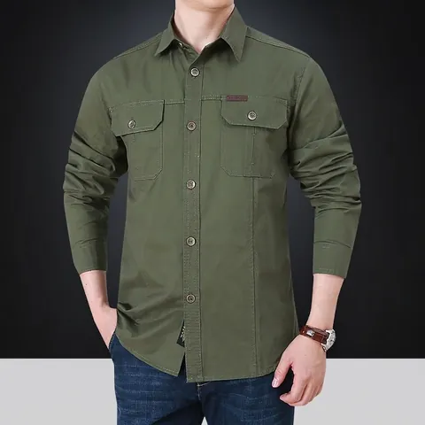 Herren Langarm Cargo Hemd Baumwollmischung Gewaschen Lässig Outdoor Arbeit Top Doppeltaschen Eckiger Kragen Übergröße