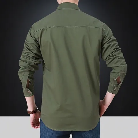 Herren Langarm Cargo Hemd Baumwollmischung Gewaschen Lässig Outdoor Arbeit Top Doppeltaschen Eckiger Kragen Übergröße